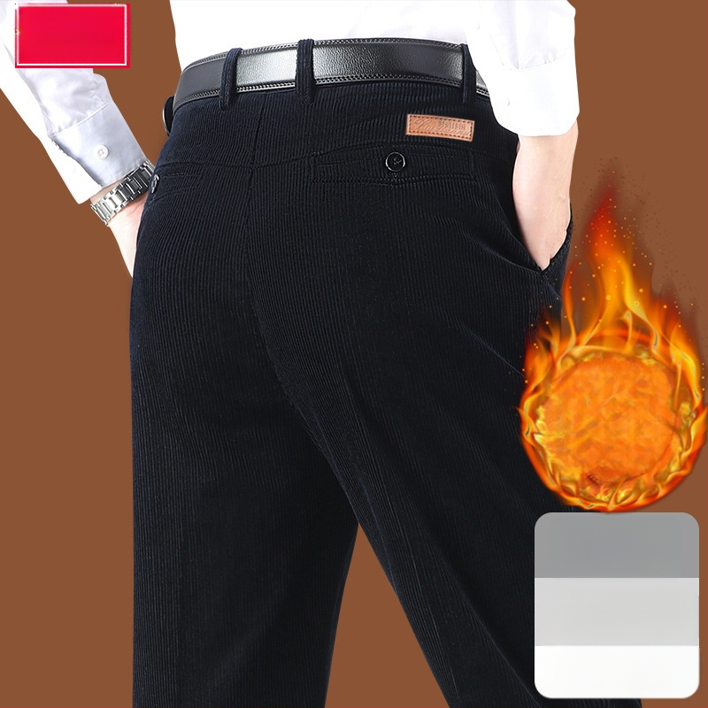 Corduroy топли мъжки панталони за зима, права кройка, средно висока талия, цип за закопчаване, множество джобове, микроеластичност, подплатени с флис, 100% полиестер Corduroy