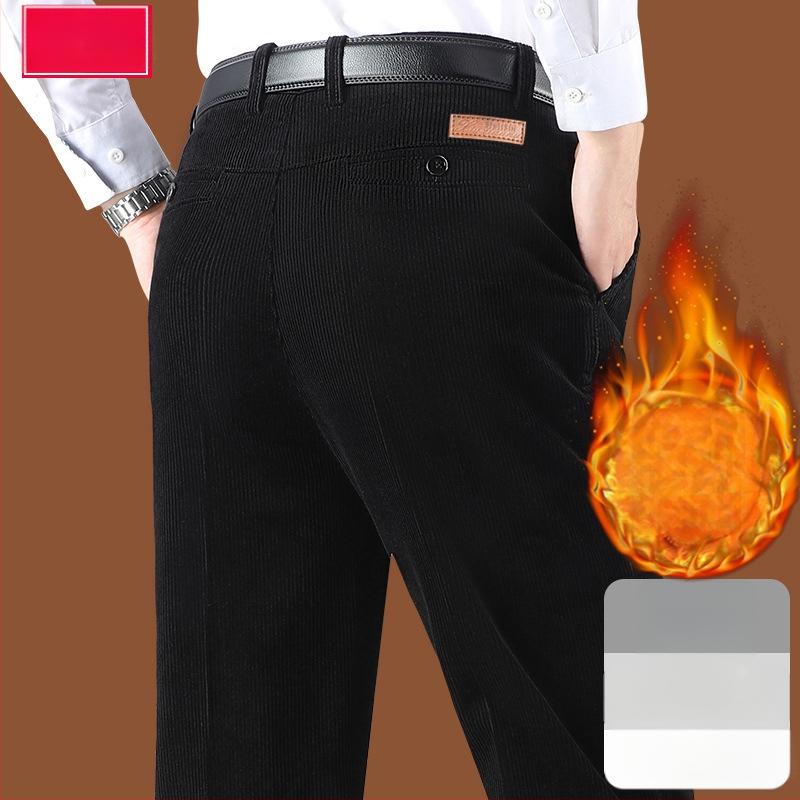 Corduroy топли мъжки панталони за зима, права кройка, средно висока талия, цип за закопчаване, множество джобове, микроеластичност, подплатени с флис, 100% полиестер Corduroy