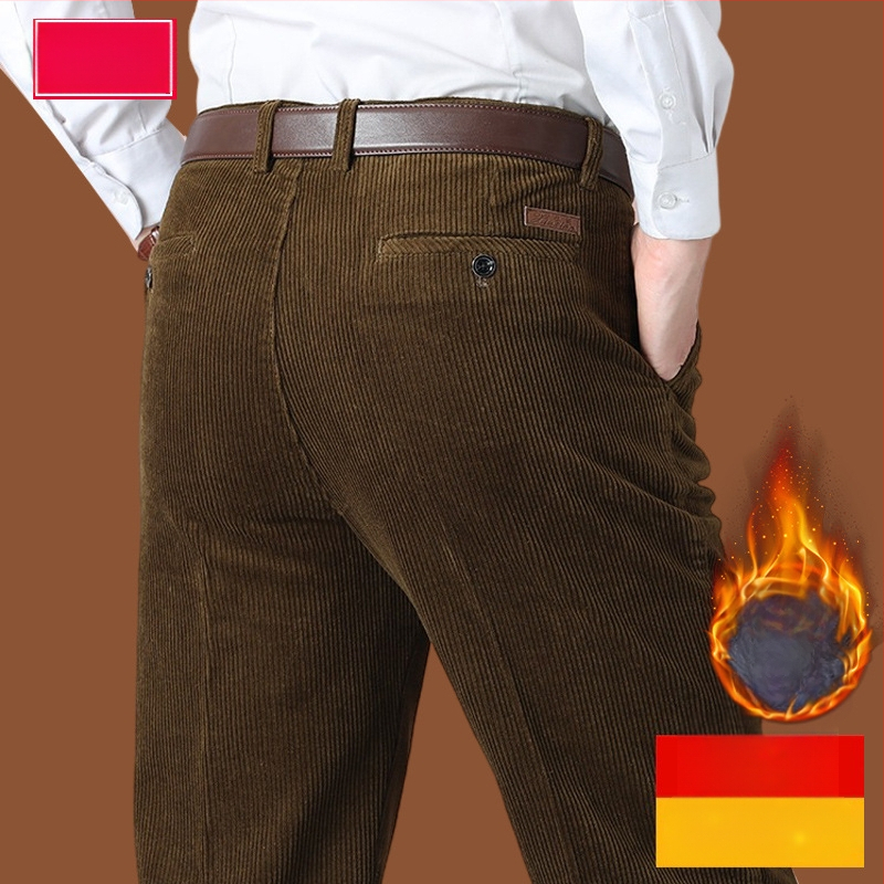 Corduroy топли мъжки панталони за зима, права кройка, средно висока талия, цип за закопчаване, множество джобове, микроеластичност, подплатени с флис, 100% полиестер Corduroy