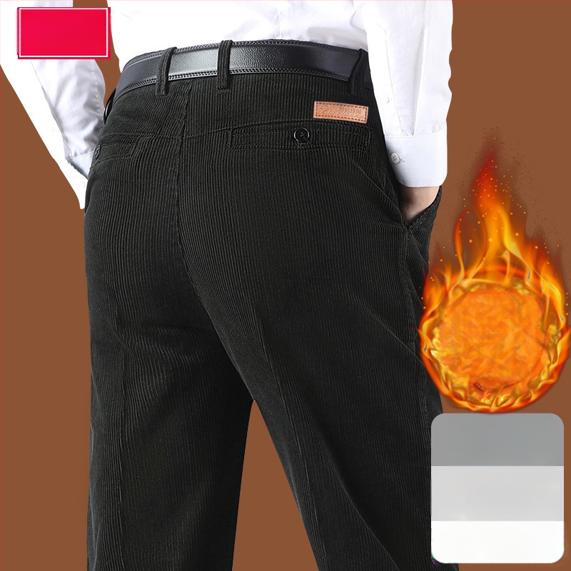 Corduroy топли мъжки панталони за зима, права кройка, средно висока талия, цип за закопчаване, множество джобове, микроеластичност, подплатени с флис, 100% полиестер Corduroy