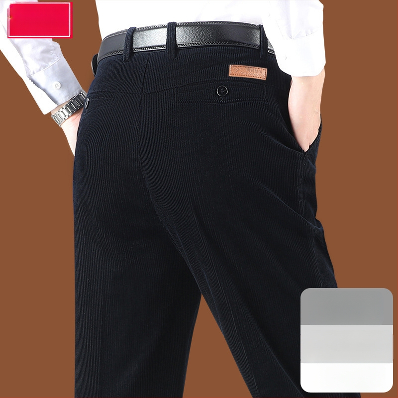 Corduroy топли мъжки панталони за зима, права кройка, средно висока талия, цип за закопчаване, множество джобове, микроеластичност, подплатени с флис, 100% полиестер Corduroy