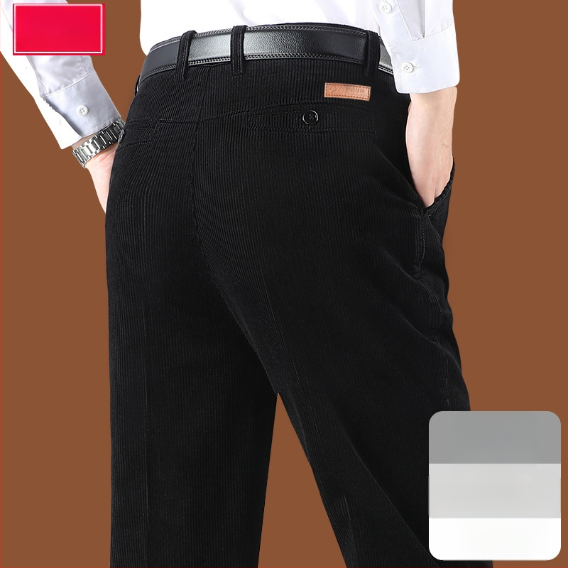 Corduroy топли мъжки панталони за зима, права кройка, средно висока талия, цип за закопчаване, множество джобове, микроеластичност, подплатени с флис, 100% полиестер Corduroy