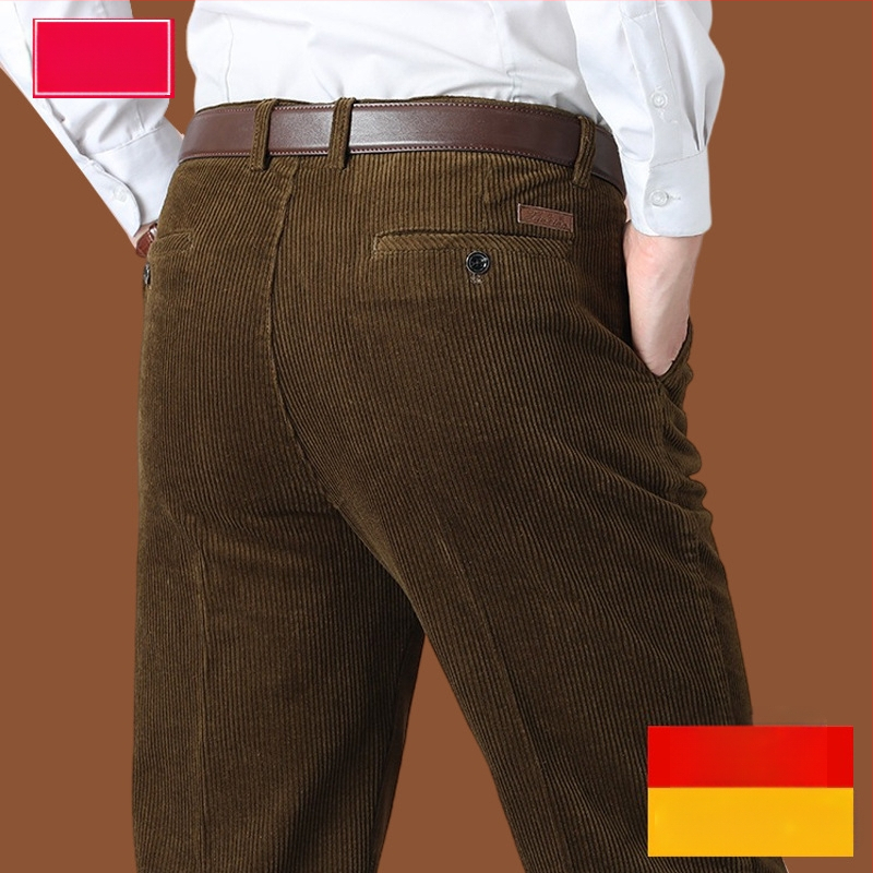 Corduroy топли мъжки панталони за зима, права кройка, средно висока талия, цип за закопчаване, множество джобове, микроеластичност, подплатени с флис, 100% полиестер Corduroy