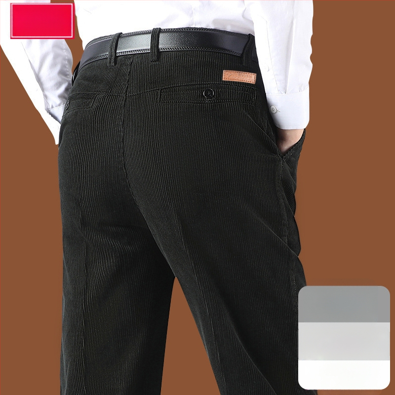 Corduroy топли мъжки панталони за зима, права кройка, средно висока талия, цип за закопчаване, множество джобове, микроеластичност, подплатени с флис, 100% полиестер Corduroy