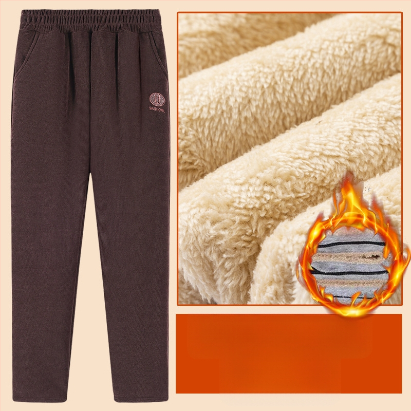 Pantaloni de iarnă pentru femei, croială lejeră din poliester, groși și calzi cu broderie, stil casual/basic, iarnă 2025