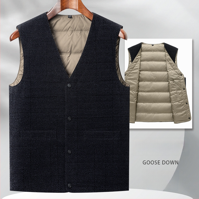 Vesta de iarnă pentru bărbați, umplutură din puf de gâscă 91-95%, izolație groasă, guler în V, fermoar frontal, buzunare frontale