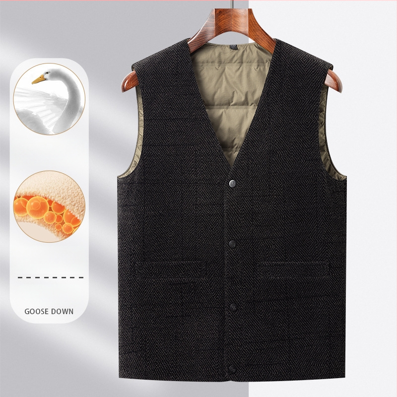 Vesta de iarnă pentru bărbați, umplutură din puf de gâscă 91-95%, izolație groasă, guler în V, fermoar frontal, buzunare frontale