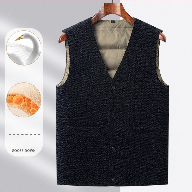 Vesta de iarnă pentru bărbați, umplutură din puf de gâscă 91-95%, izolație groasă, guler în V, fermoar frontal, buzunare frontale