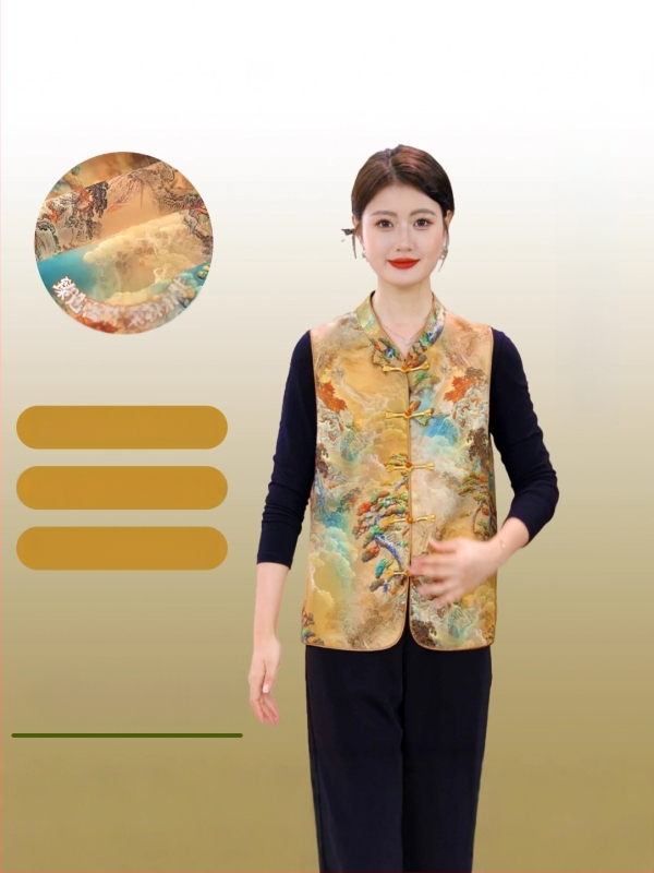 Vestă pentru femei în stil chinezesc, design literar retro, cu cataramă la guler, toamnă 2025, poliester >95%, lungime standard 50–65 cm