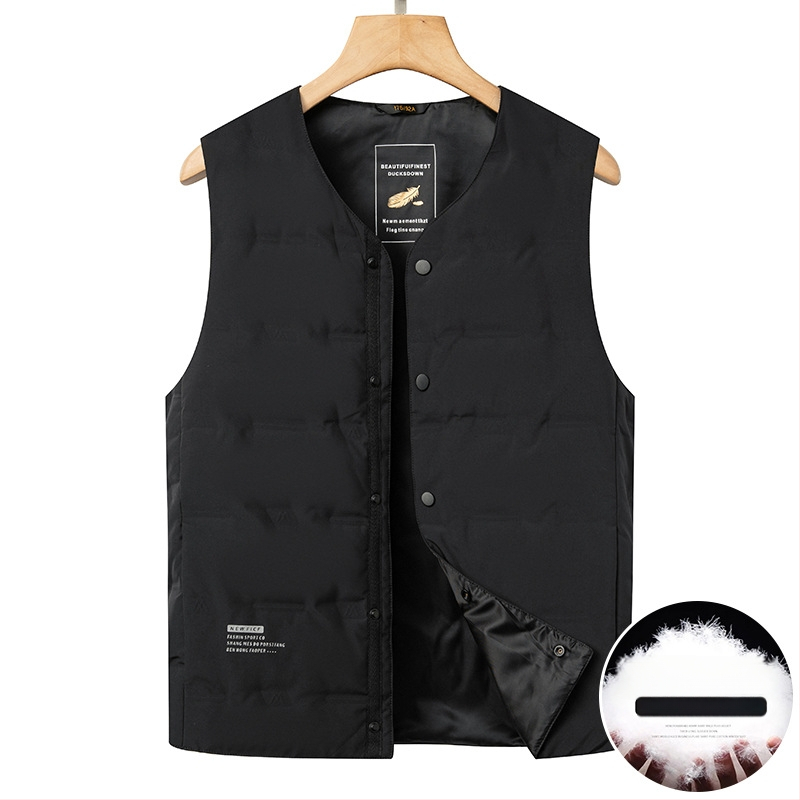 Vesta bărbătească din puf cu guler în V, gros pentru toamnă-iarna, 86–90% puf de rață, căptușeală poliester