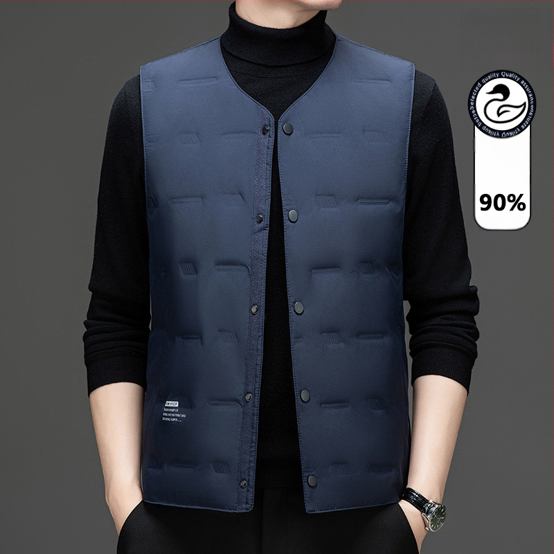 Vesta bărbătească din puf cu guler în V, gros pentru toamnă-iarna, 86–90% puf de rață, căptușeală poliester