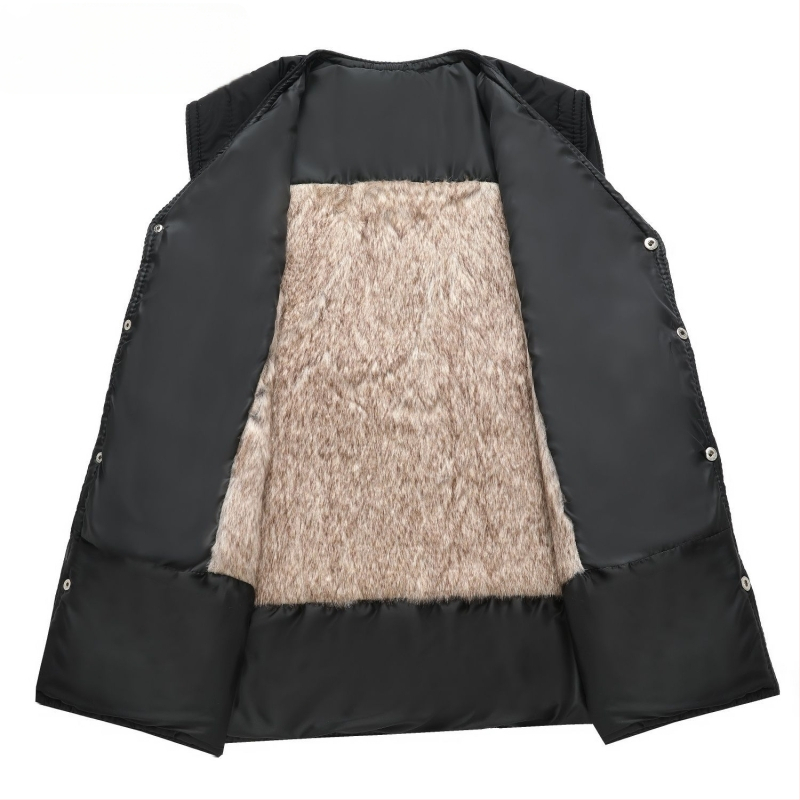 Férfi poliészter mellény fleece béléssel, minimalista stílus, egyenes szabás, egy sor gombbal, kapucni nélkül, 100% poliészter