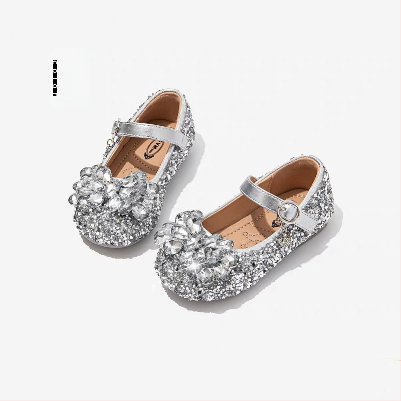 Mergaitei balerinos su kristalais ir Velcro užsegimu, PU viršus, PU pamušalas, EVA įdėklas, guma padai