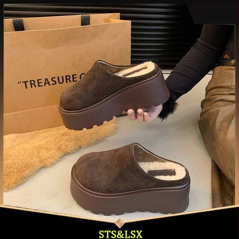 Ženske papuče s debelim potplatom i zaobljenim prstom, za vanjsku upotrebu, Birkenstock inspiriran, s fleec podstavom
