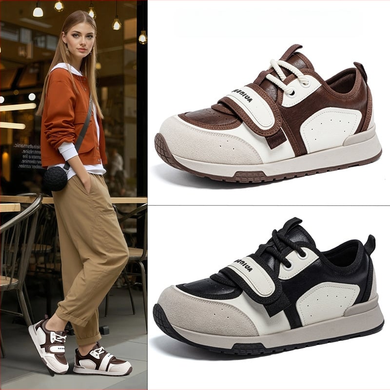 Дамски къси спортни обувки за тренировки с кръгъл нос, нисък глезен, горна част от раздвоена кожа, гумена подметка, закопчаване отпред.