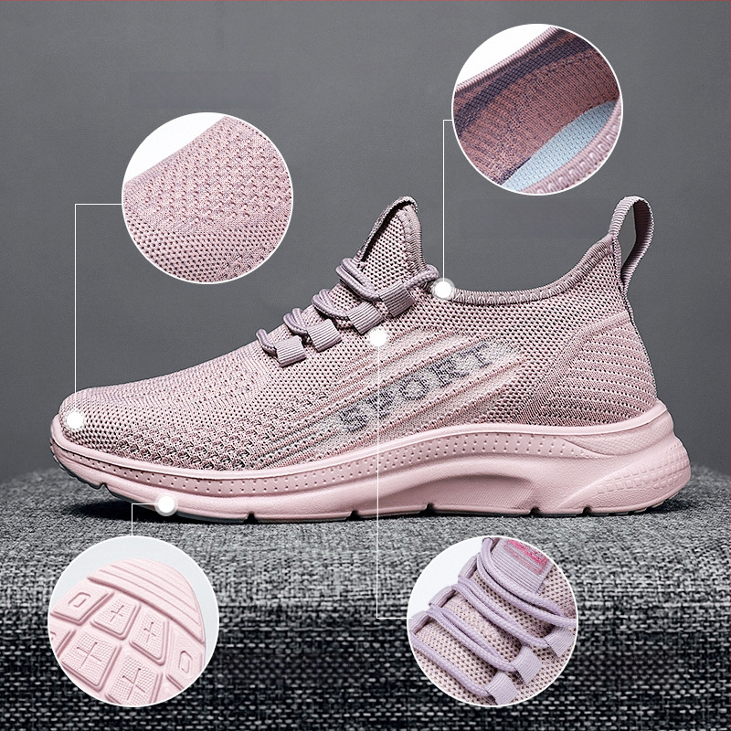 Женски маратонки: дишаща Fly-knit мрежеста горна част, лека PU подметка, предно закопчаване с лента, закрълен нос, нисък профил