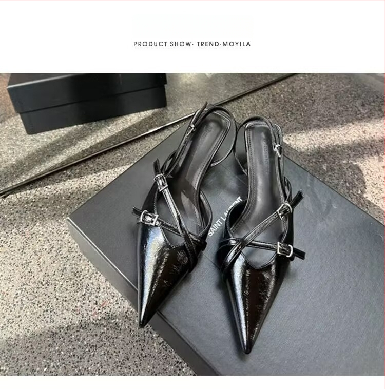 Sieviešu sandales ar asas purnu un aizmugurē izgriezumu, plāns papēdis 6–8 cm, augšpuse: Super fiber, iekšpuse PU (Upper: Super fiber; Toe: Pointed; Heel: 6–8 cm; Inner: PU)