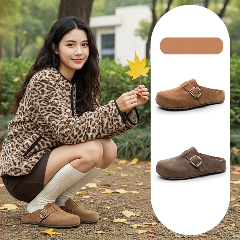 Toe-Cap Back Sandals - Genuine Leather Quality, Cow Suede Upper, Round Toe, Rubber Sole, Super Fiber Lining, Slip-On Women's Shoes