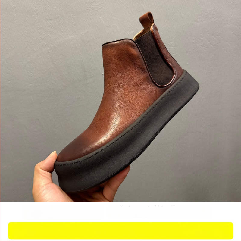 Muške Chelsea čizme od prave kože, okrugli vrh, gumeni potplat, visina potpetice 3-5 cm, zima 2025