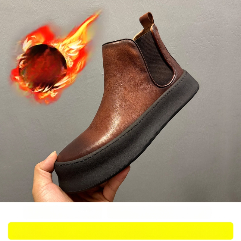 Muške Chelsea čizme od prave kože, okrugli vrh, gumeni potplat, visina potpetice 3-5 cm, zima 2025