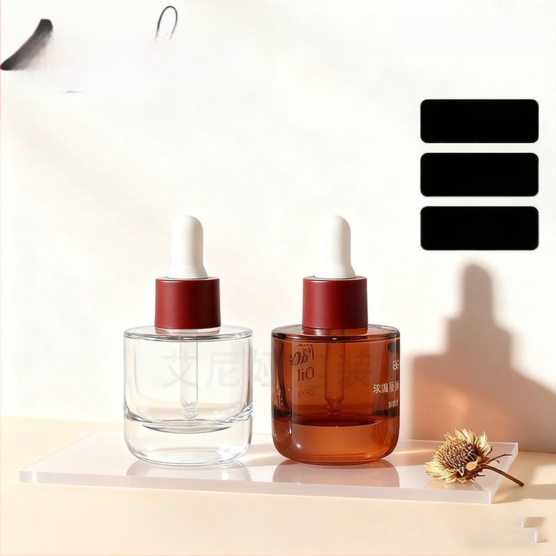 Μπουκάλι σταγονόμετρο από φυσητό γυαλί με κυλινδρικό επίπεδο ώμο για αιθέριο έλαιο; φινιρίσματα επιφάνειας: ψεκασμός επίστρωσης, θερμή σφράγιση, ηλεκτροπλατίωση; διαθέσιμες επιλογές προσαρμογής.