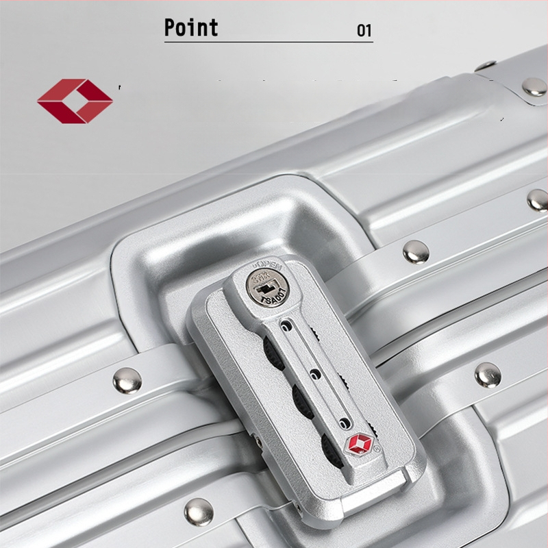 Ceļojumu koferis no alumīnija sakausējuma, TSA kombinētais bloķēšanas mehānisms, lidmašīnas tipa riteņi, ārkārtīgi viegls, iekšējā neilona apdare, svars apmēram 2 kg