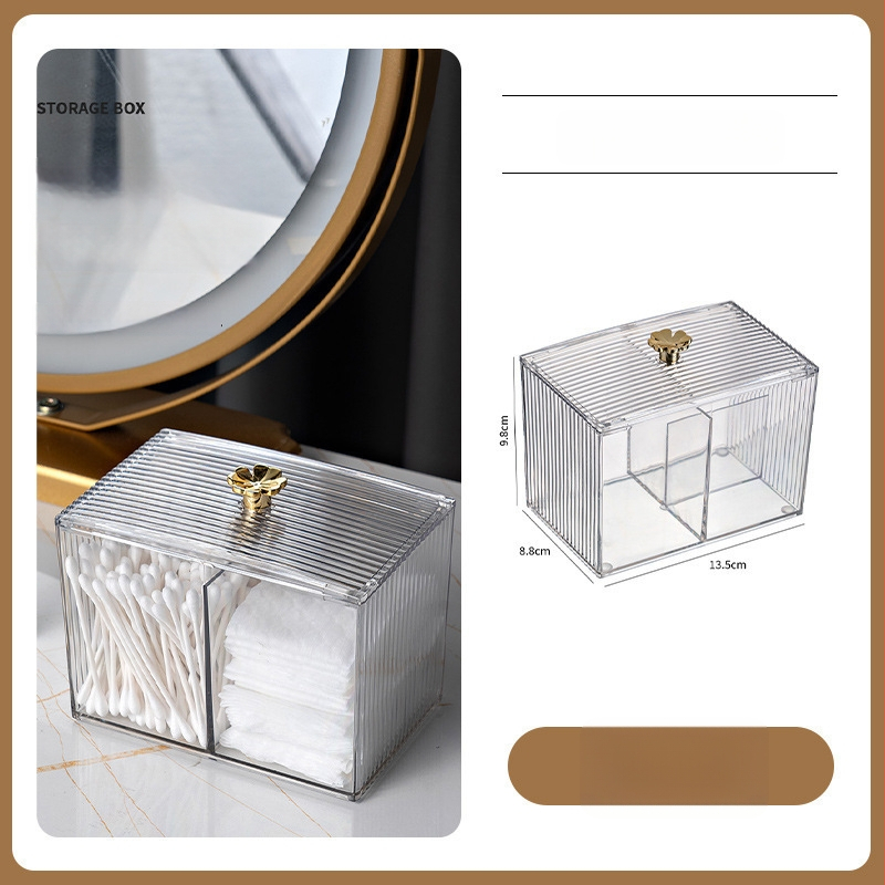 Töölauale mõeldud hoiukarp vatipatinate ja kosmeetika jaoks eraldi sektsioonidega – PET-materjal, logotüübi trükk, kohandatavus, moodsus ja lihtne stiil