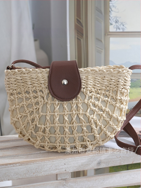 Ženska ljetna slamnat torba – pleteni plažni crossbody, polukružni oblik, srednje veličine