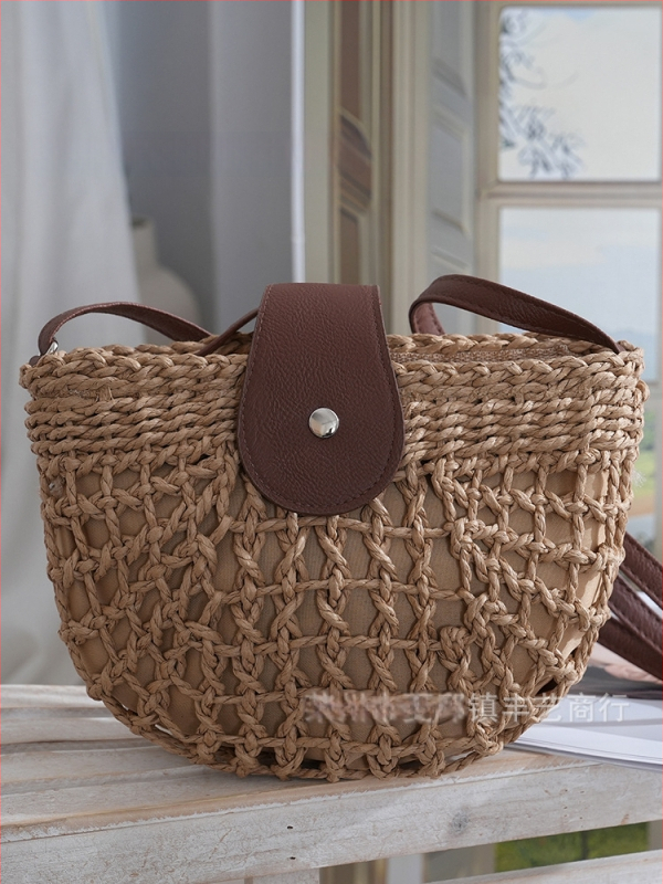 Ženska ljetna slamnat torba – pleteni plažni crossbody, polukružni oblik, srednje veličine
