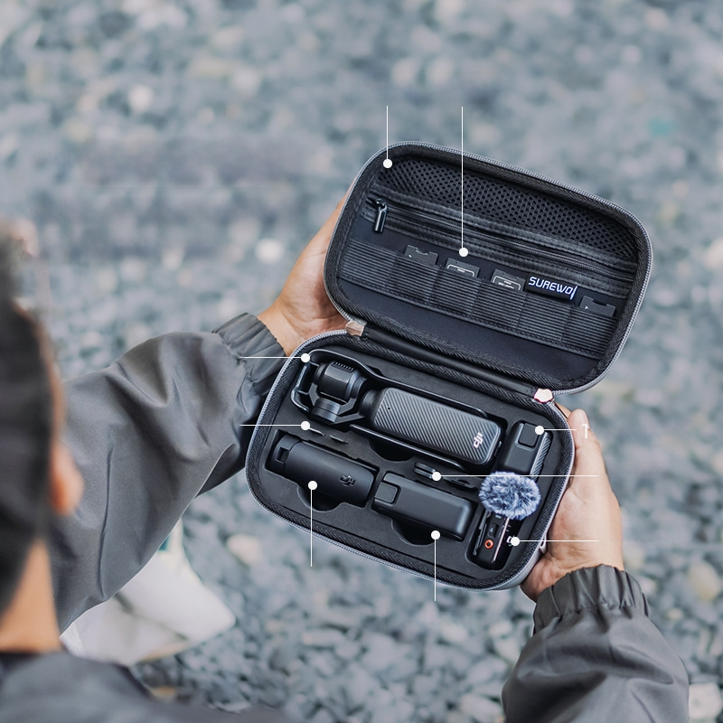 Surewo Kültéri vízálló tároló táska DJI Pocket3/2-höz, váll- és kézi pánttal, PU-szivacs belsővel, tömeg 280 g