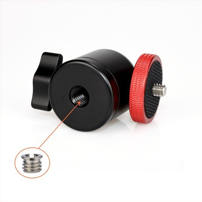 CRWJ mini gimbal stovas DSLR/Mirrorless kameroms ir projektoriui – tvirtinimas 1/4-20 arba 3/8-20, aliuminio lydinys + nerūdijantis plienas, horizontali 360°, vertikali 90°, svoris 100 g