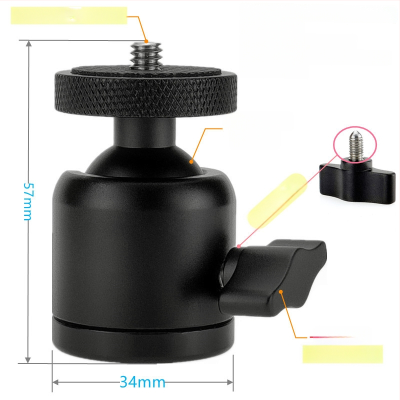 CRWJ mini gimbal stovas DSLR/Mirrorless kameroms ir projektoriui – tvirtinimas 1/4-20 arba 3/8-20, aliuminio lydinys + nerūdijantis plienas, horizontali 360°, vertikali 90°, svoris 100 g