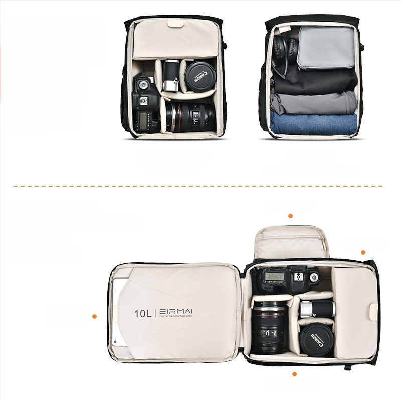 Fényképezőgép hátizsák 10L, könnyű, univerzális utazáshoz, permetálló anyag beépített esővédővel; 1 fényképezőgép, 2 tükör, 1 akciókamera, 1 vaku; poliészter