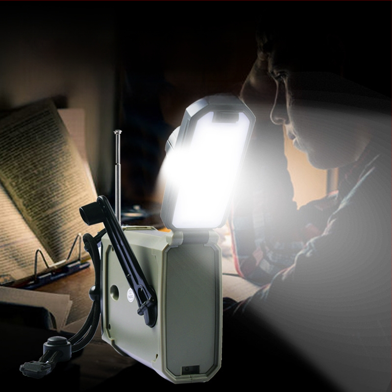 Ръчно задвижвано радио-фенерче – LED 3W, батерия 2000mAh, ръчно въртене и соларно захранване, водоустойчиво, 360° въртящо се аварийно осветление