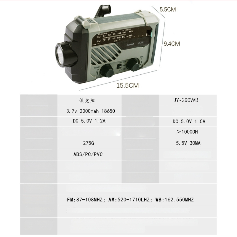 Ръчно задвижвано радио-фенерче – LED 3W, батерия 2000mAh, ръчно въртене и соларно захранване, водоустойчиво, 360° въртящо се аварийно осветление