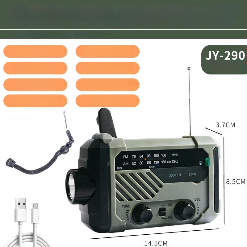 Ръчно задвижвано радио-фенерче – LED 3W, батерия 2000mAh, ръчно въртене и соларно захранване, водоустойчиво, 360° въртящо се аварийно осветление