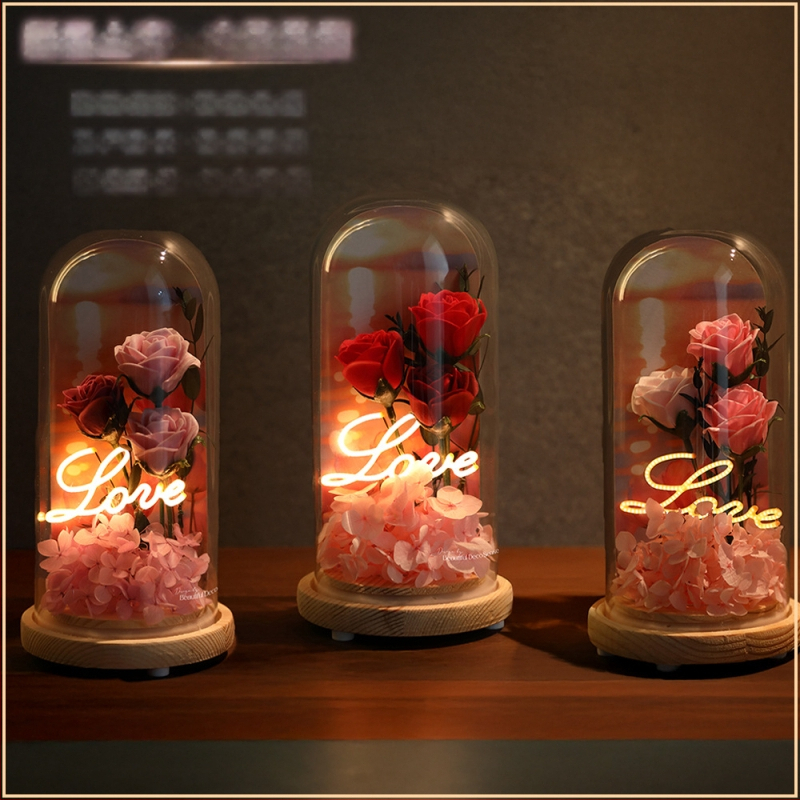 Trandafir cu capac de sticlă și flori conservate – cutie cadou cu flori, potrivită pentru Ziua Îndrăgostiților, nunți și zile de naștere