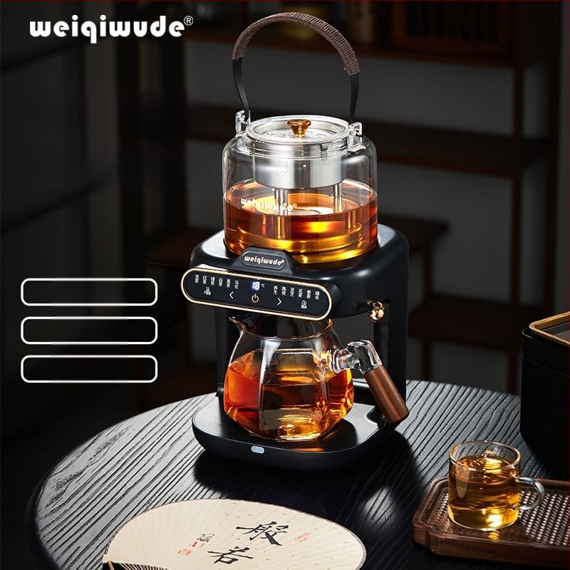 Plită electrică pentru ceai cu ceainic din sticlă, 1000–1500 W, capacitate sub 1 L, bază rotativă la 360°, funcție de menținere a temperaturii