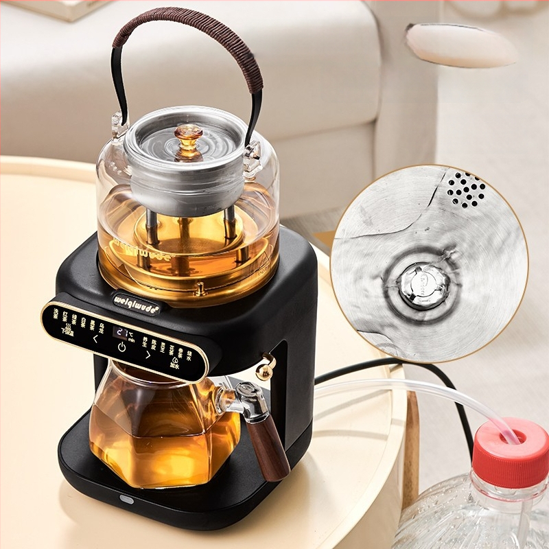 Plită electrică pentru ceai cu ceainic din sticlă, 1000–1500 W, capacitate sub 1 L, bază rotativă la 360°, funcție de menținere a temperaturii