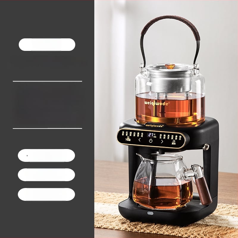 Plită electrică pentru ceai cu ceainic din sticlă, 1000–1500 W, capacitate sub 1 L, bază rotativă la 360°, funcție de menținere a temperaturii