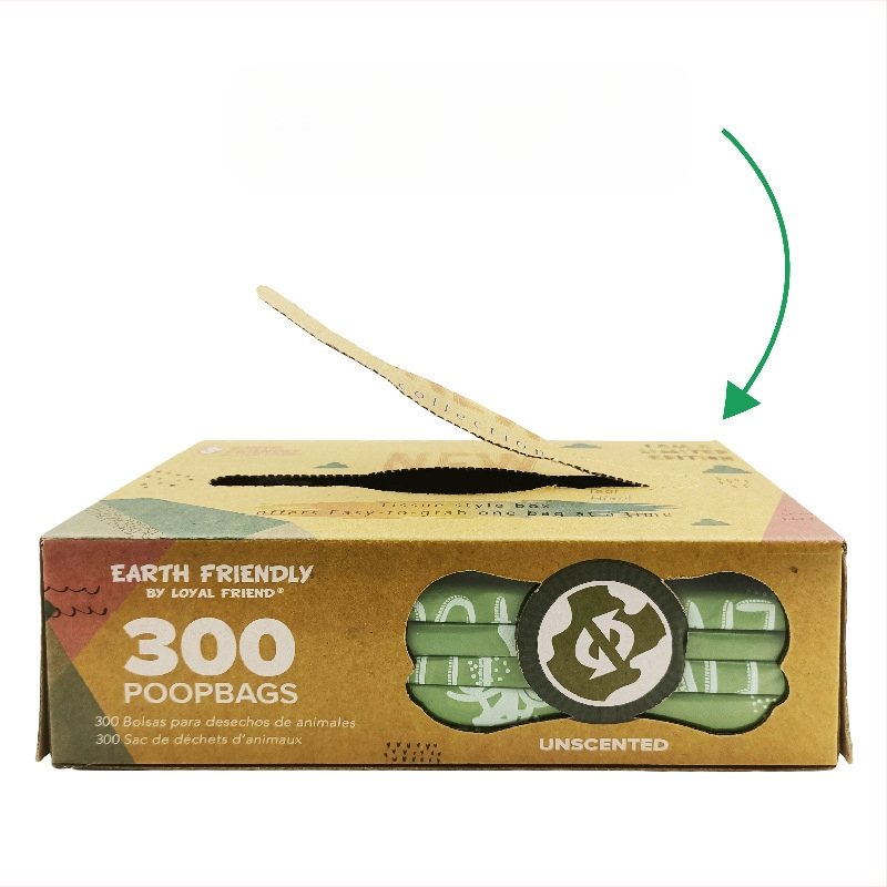 Biologiškai skaidūs šunų išmatų maišeliai, plokščio atidarymo tipas, sutirštinėti, medžiaga EPI+HDPE, 300 vnt., galimybė privačiai etiketei