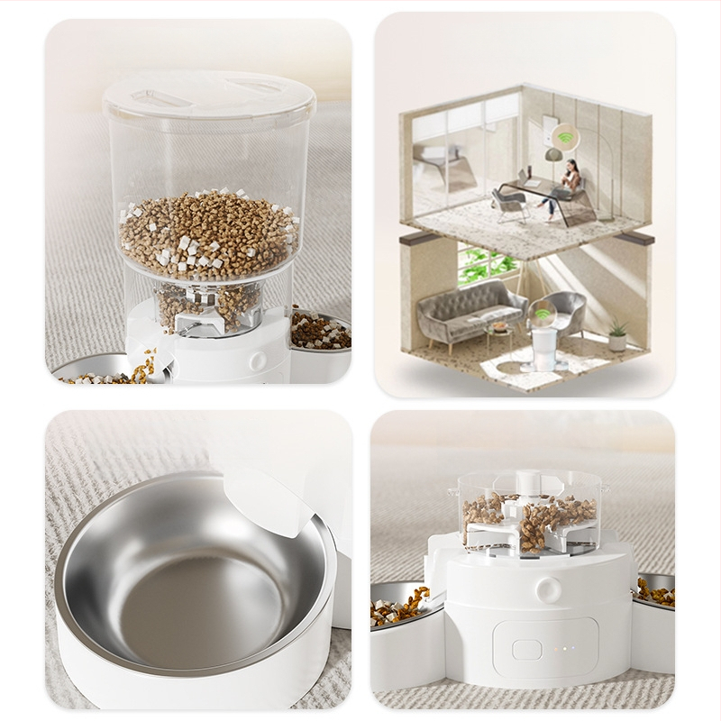 Hrănitor inteligent pentru animale de companie, cu temporizator automat și control prin aplicație, tavă dublă, detașabil, pentru câini și pisici, 2 kg
