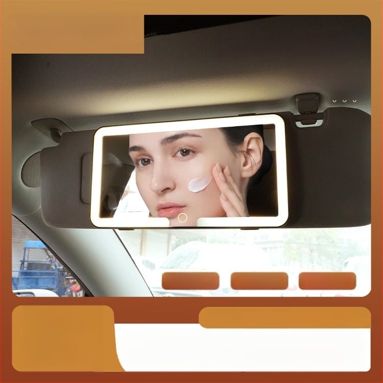LED makiažo veidrodėlis automobiliui su apšvietimu, atsparus smūgiams, ABS rėmas, stiklinė lęšis, trijų spalvų apšvietimas