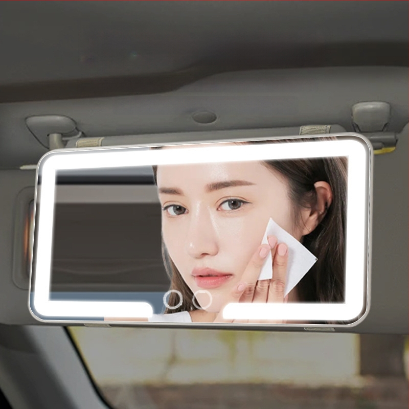 LED makiažo veidrodėlis automobiliui su apšvietimu, atsparus smūgiams, ABS rėmas, stiklinė lęšis, trijų spalvų apšvietimas