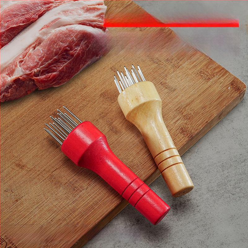 Инструмент за омекотяване на месо с неръждаеми игли и дървена дръжка — варианти с 13/17/21 игли