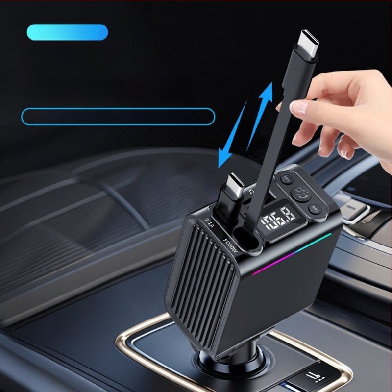 Automobilinis Bluetooth MP3 grotuvas su FM siųstuvu, PD greitas įkrovimas USB įkroviklis, ištraukiamas dvigubas kabelis, cigarečių degiklio adapteris