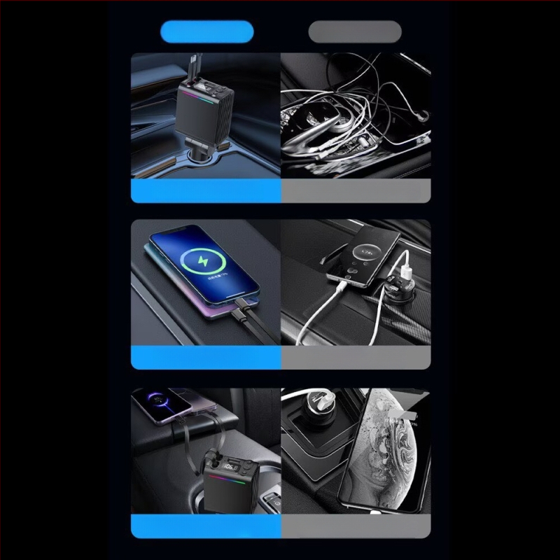 Automobilinis Bluetooth MP3 grotuvas su FM siųstuvu, PD greitas įkrovimas USB įkroviklis, ištraukiamas dvigubas kabelis, cigarečių degiklio adapteris