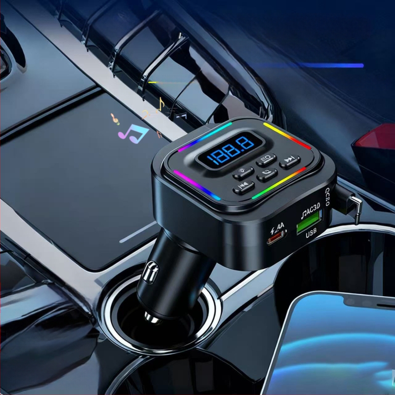 Automobilinis įkroviklis su greitu įkrovimu, ištraukiamas kabelis, Bluetooth laisvų rankų, USB atminties laikmenos skaitytuvas, FM įtampos ekranas