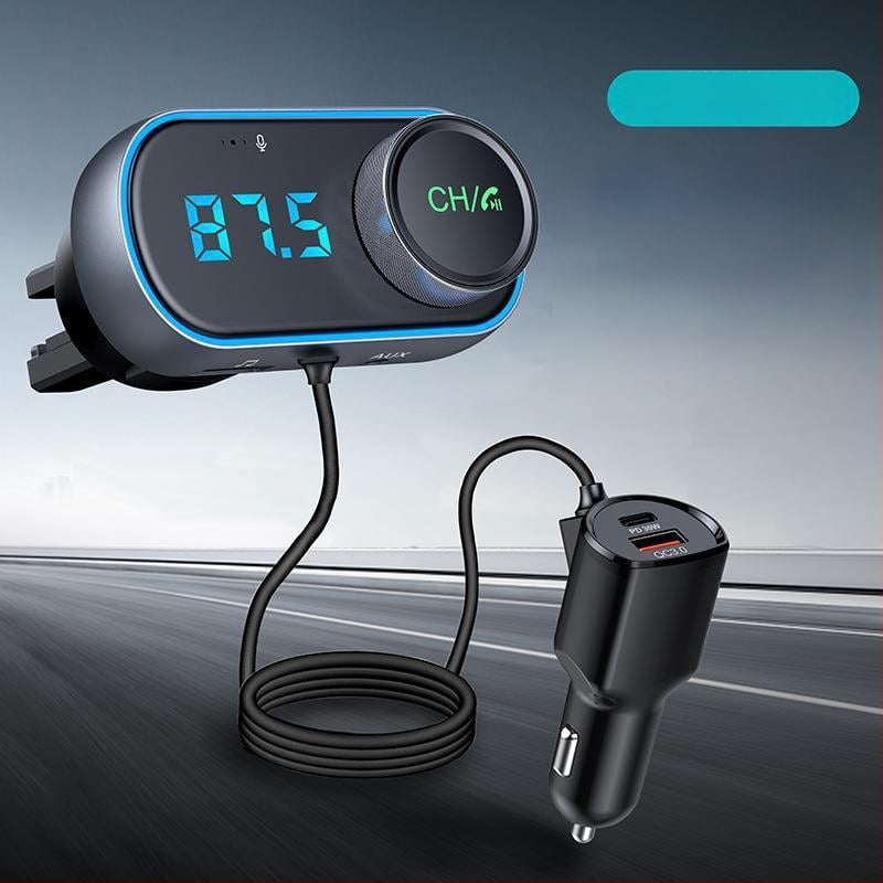 Autó Bluetooth FM átjátszó adó QC3.0 és PD gyors töltéssel, modell T78, bemenet 12–24 V, USB interfész, FM továbbítás, 1,3 hüvelykes monokróm kijelző