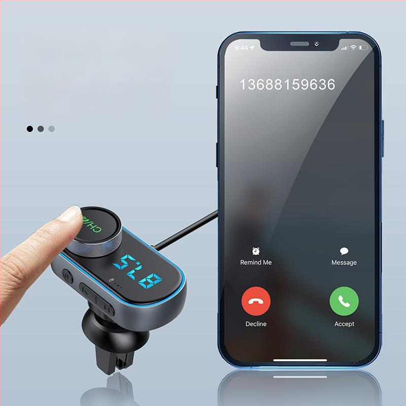 Autó Bluetooth FM átjátszó adó QC3.0 és PD gyors töltéssel, modell T78, bemenet 12–24 V, USB interfész, FM továbbítás, 1,3 hüvelykes monokróm kijelző